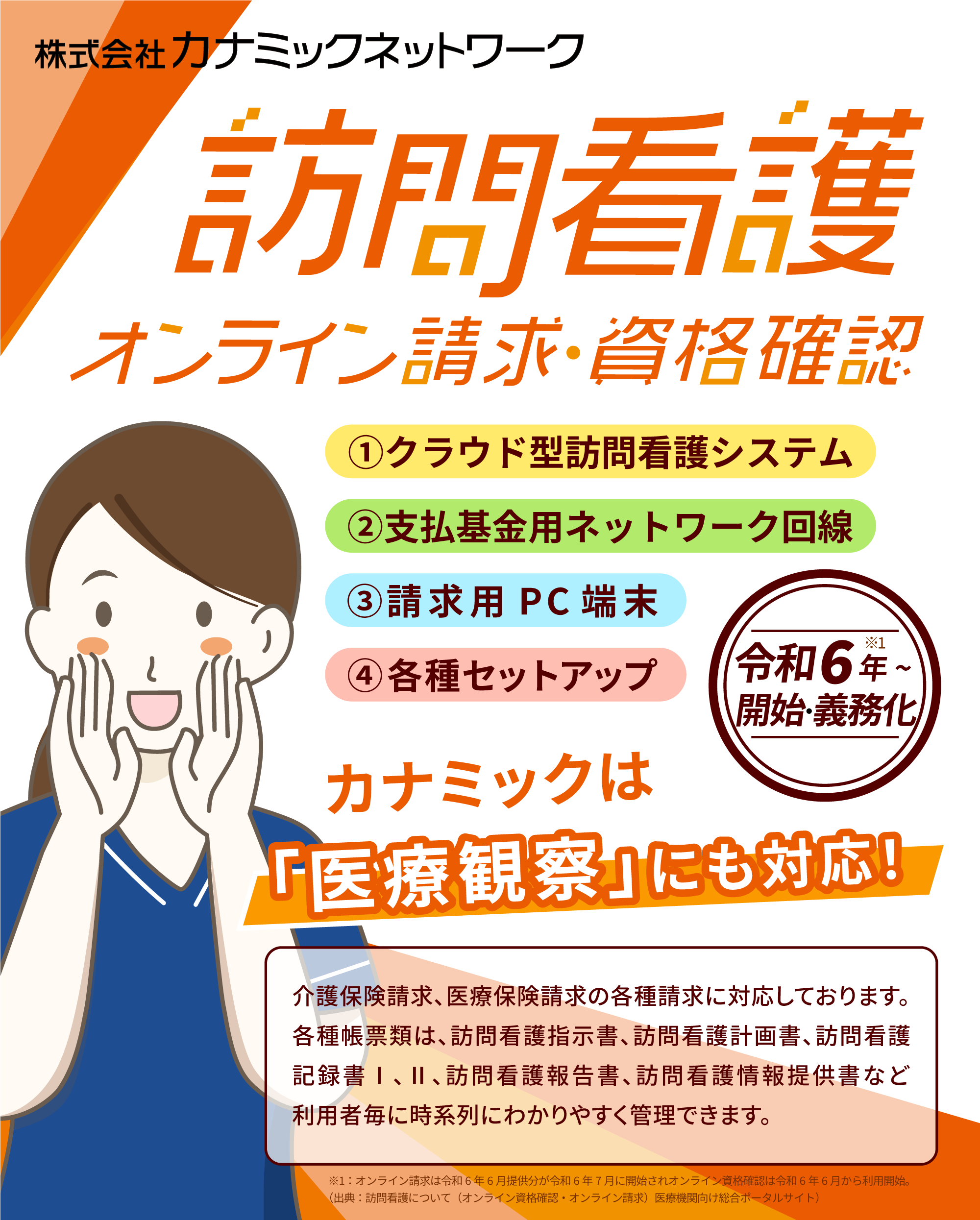カナミックの訪問看護ソフトはオンライン請求・資格確認、医療観察にも対応しています。